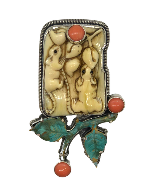 Hand Carved Bone with Coral Brooch & Pendant