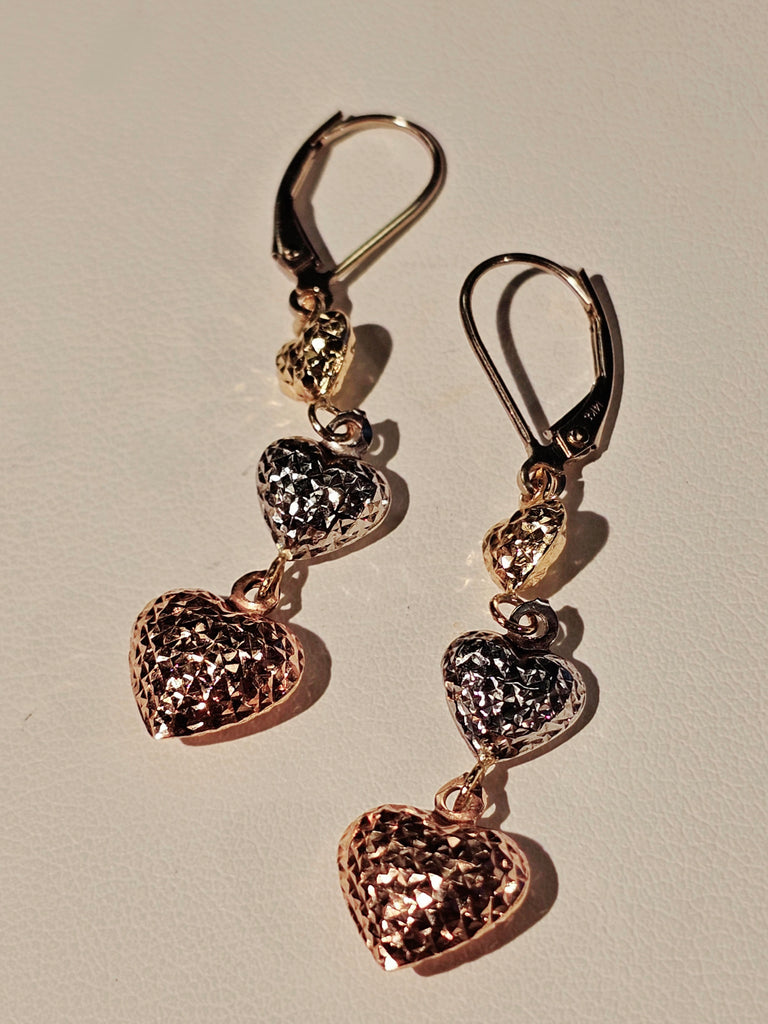 14k tri-color puffy heart earrings