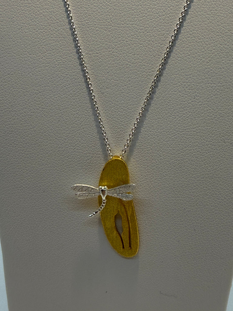 18k Vermeil and silver Dragonfly on Cattail necklace