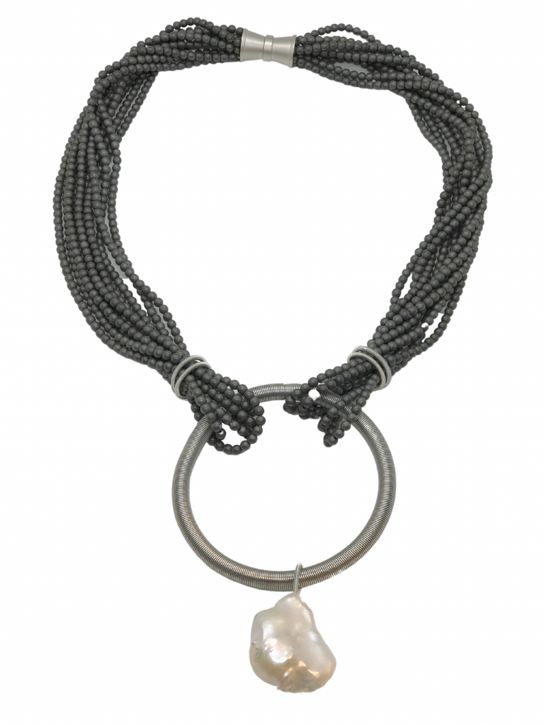 Gunmetal Matte Hematite Necklace w. Silver Ring + Baroque Pearl