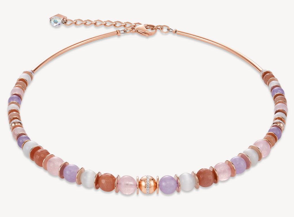 Necklace Ball Gemstones, stainless steel rose gold & crystals pavé light rose-beige