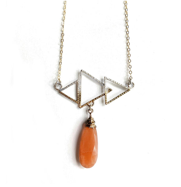 Silver & Gold Triple Triangle with Peach Moonstone Pendant