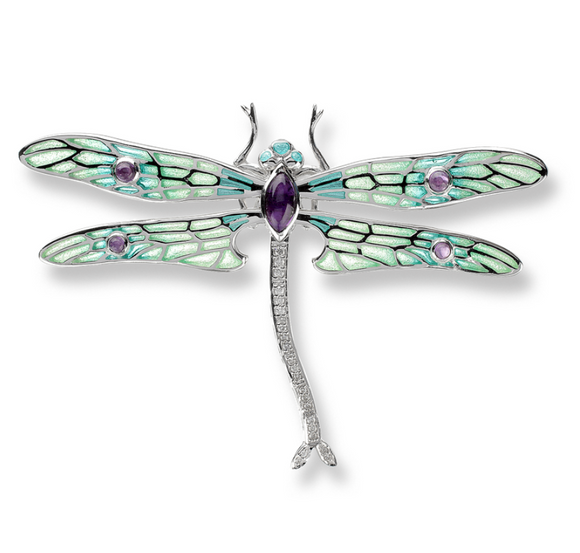 Sterling Silver Dragonfly Brooch/Pendant-Green, Diamond, Amethyst