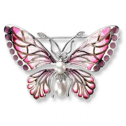 Sterling Silver Butterfly Brooch-Purple, Diamond, Pearl