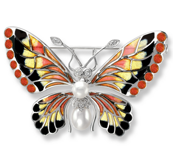 Sterling Silver Butterfly Brooch-Orange, Diamond, Pearl