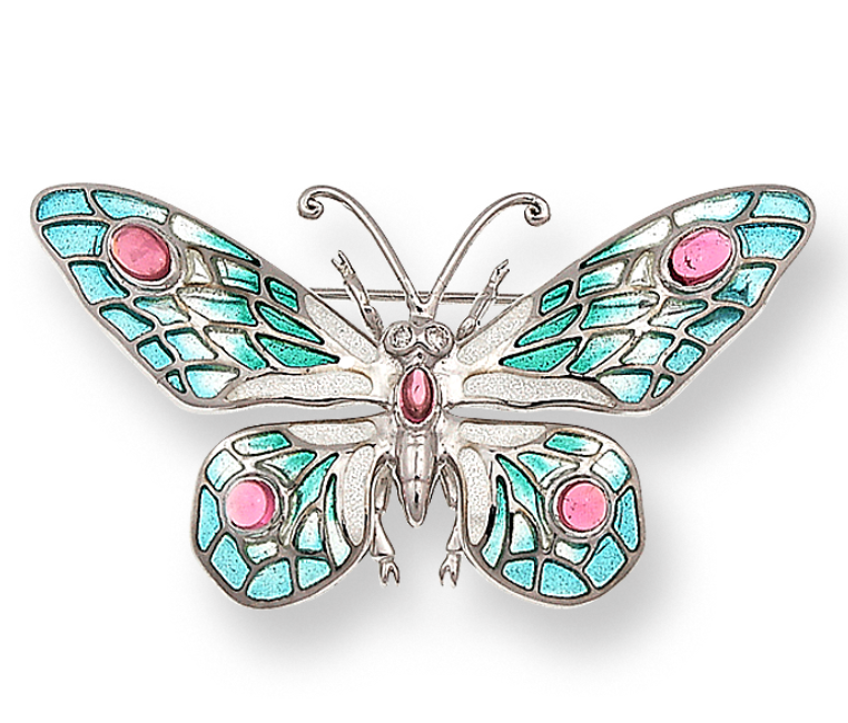 Sterling Silver Butterfly Brooch-Turquoise. Diamonds, Pink Tourmaline