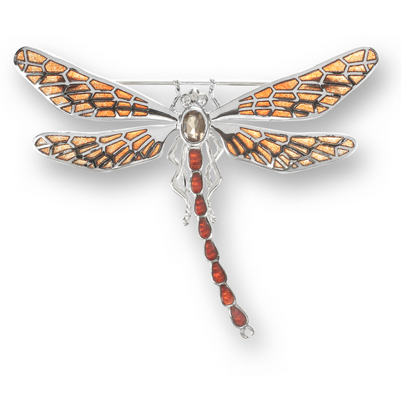 Sterling Silver Dragonfly Brooch-Orange. Diamonds and Smokey Topaz