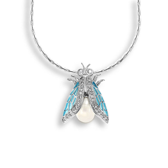 Sterling Silver Necklace-Cicada-Blue-White Sapphire-Pearl