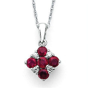 Ruby And Diamond Square Pendant In 14K Gold With 18" Chain