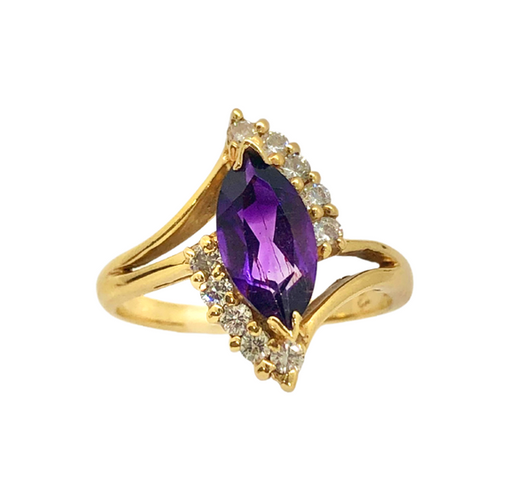 14k Gold Marquise Amethyst and Diamond Ring