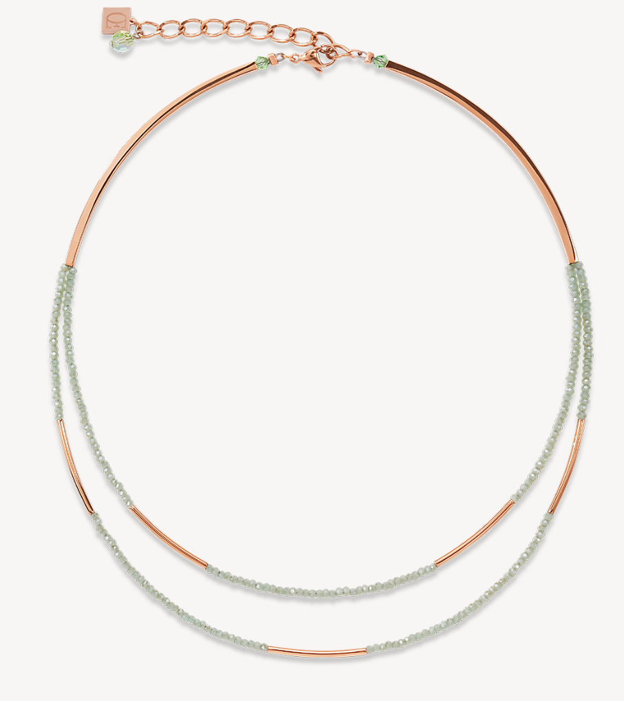 Necklace Waterfall small stainless steel rose gold & glass light green